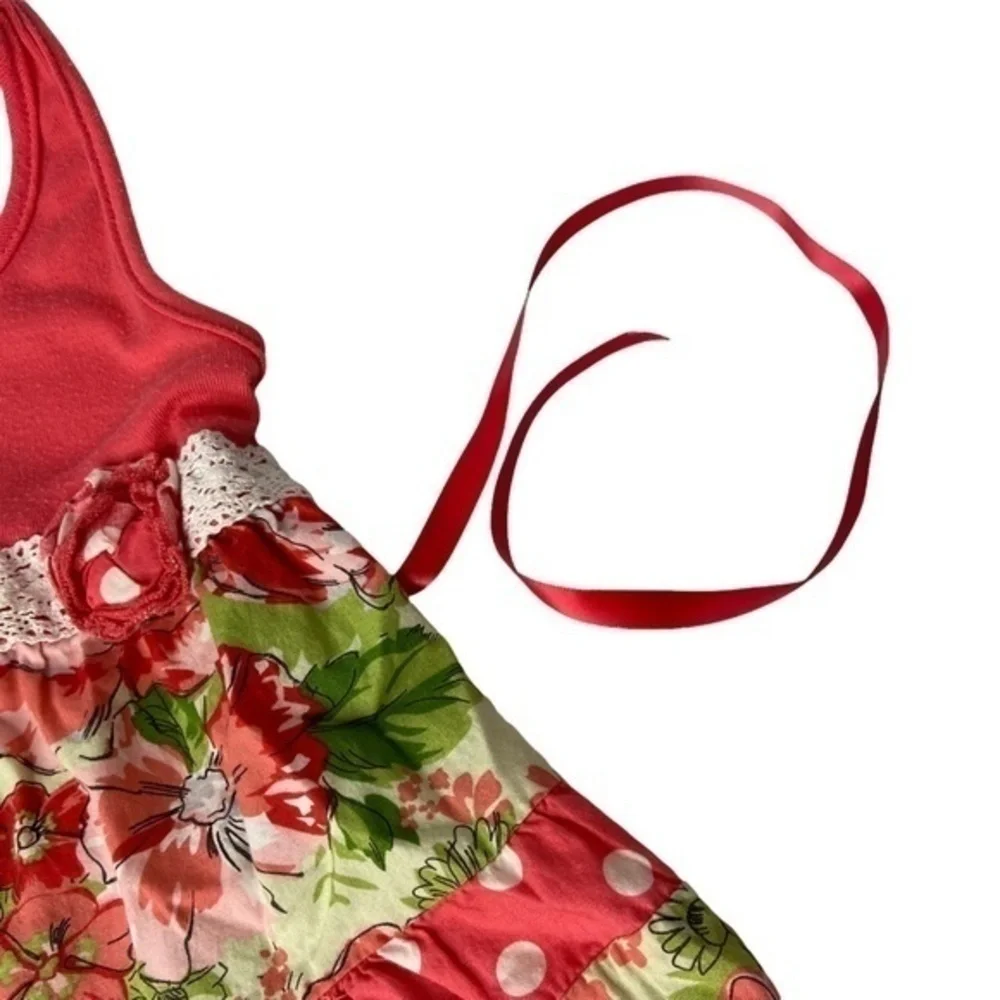 Pinky Girls Halter Dress Size 5 Lace Waist Detail Floral and Polka Dot Print